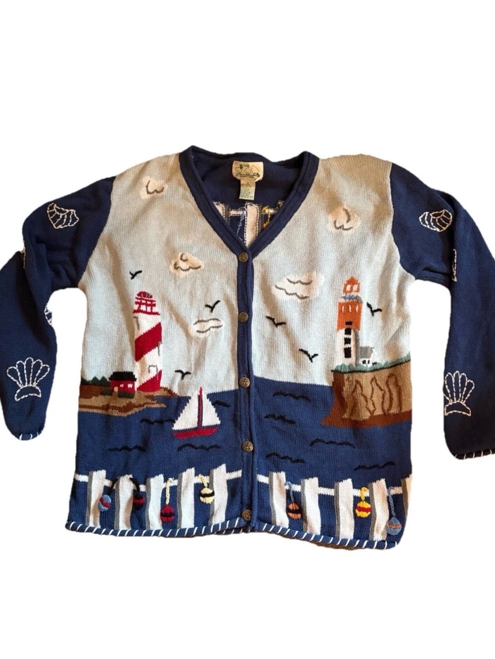 Vintage Quacker Factory Cardigan Sweater Lighthouse Coastal Seaside Sailing